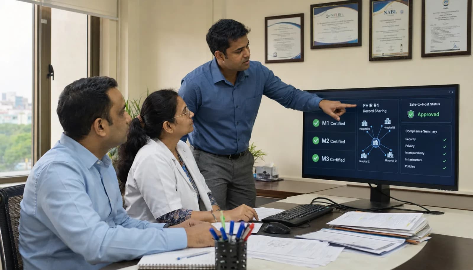 Indian hospital IT team reviewing ABDM M1 M2 M3 certification dashboard with ABHA verification, FHIR R4 record sharing, and SACHIS portal compliance status visible