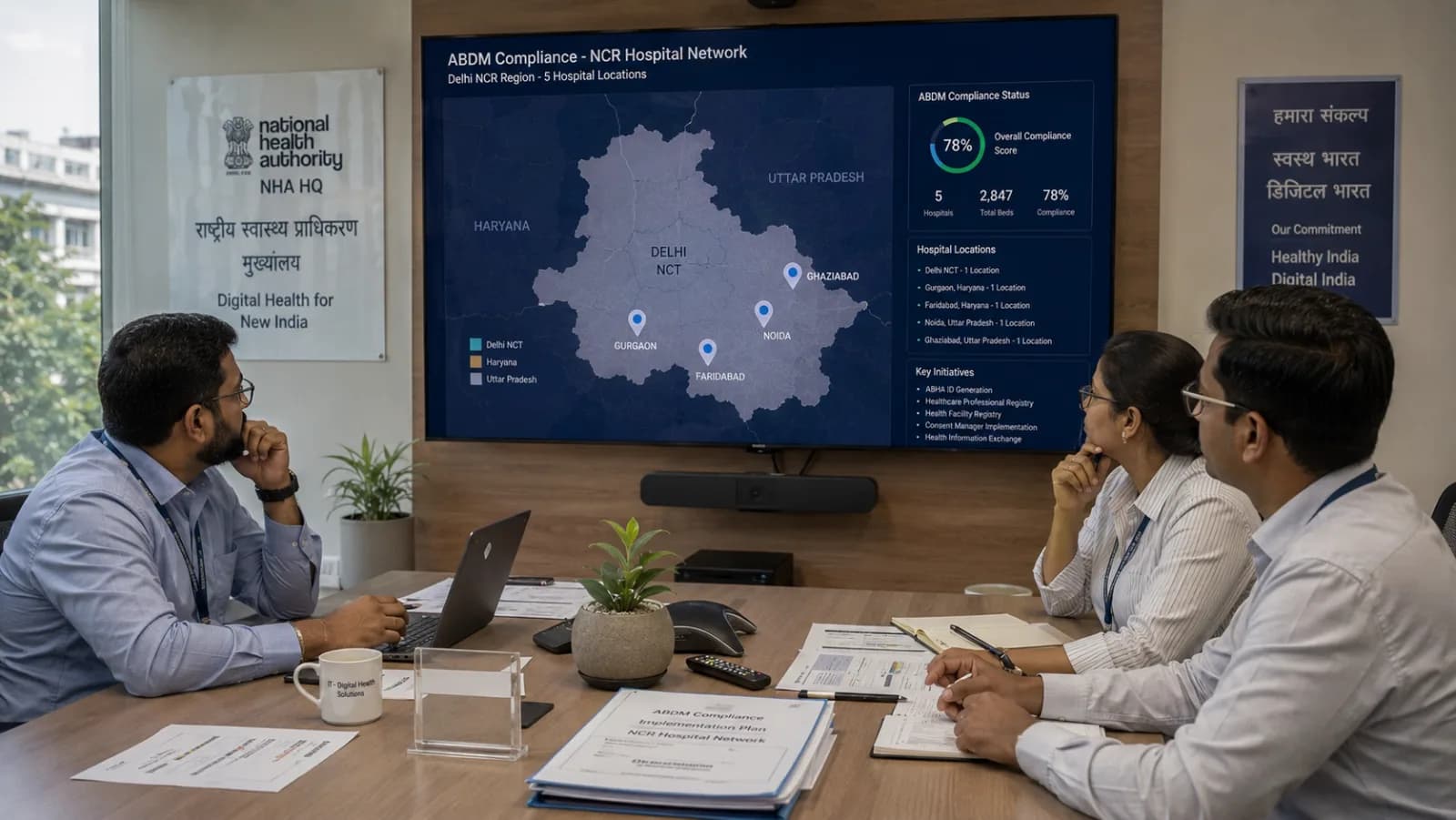 Delhi NCR hospital IT team coordinating ABDM compliance across Delhi NCT, Haryana, UP NCR locations with NHA dashboard visible