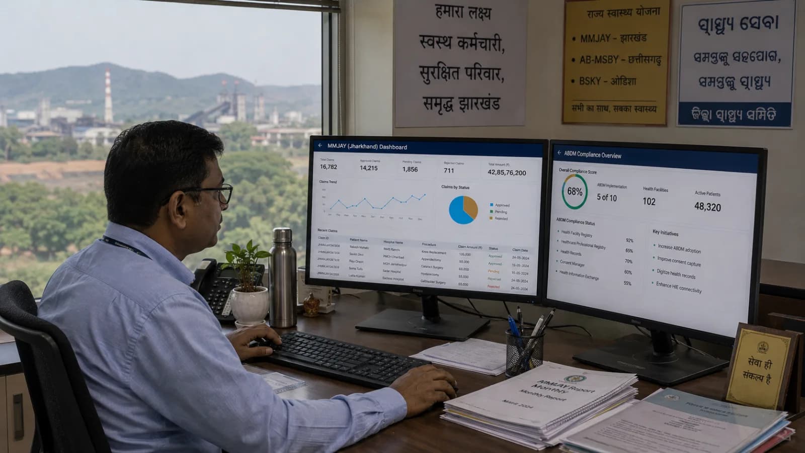 Eastern India hospital administrator reviewing Odisha GJAY Chhattisgarh DKBSSY Jharkhand MASSY state schemes alongside ABDM compliance dashboard