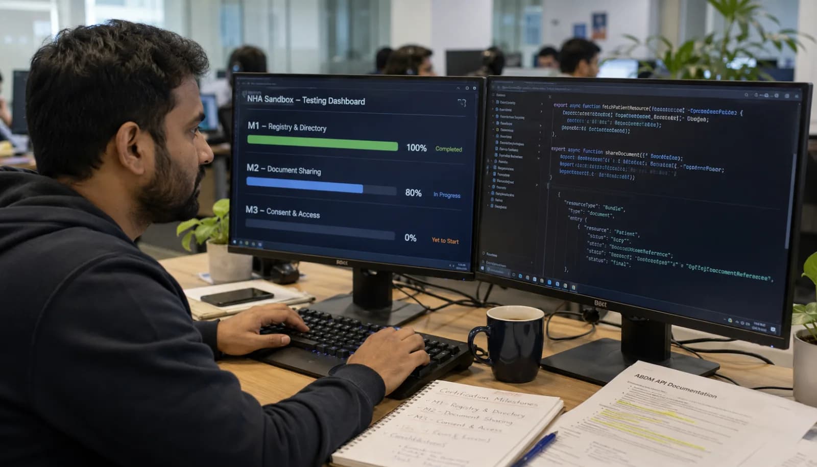Indian hospital software developer reviewing ABDM M1 M2 M3 certification milestones with NHA sandbox dashboard and FHIR R4 record validation visible