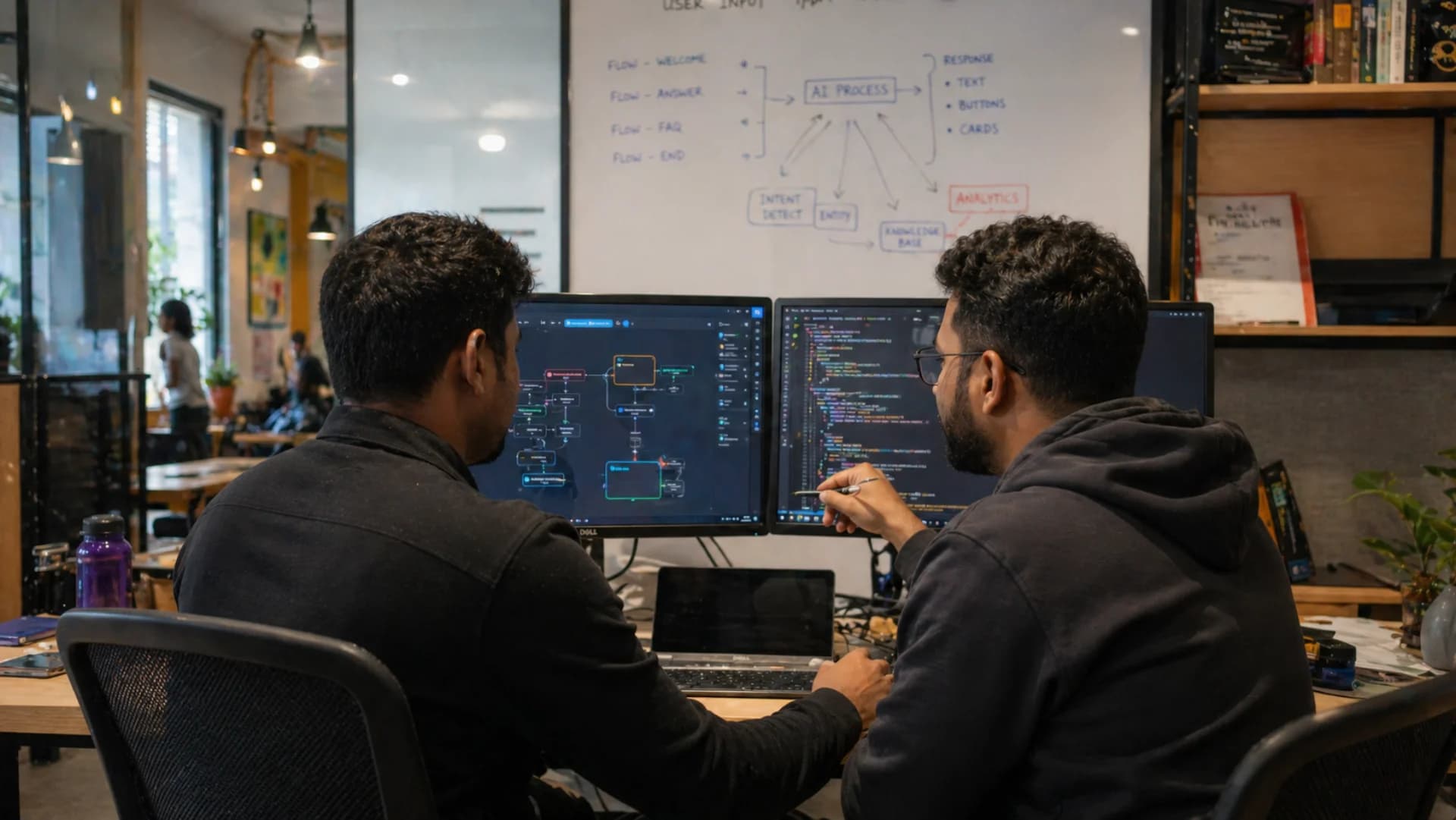 AI chatbot development cost India 2026 — SaaS founder pair-programming AI chatbot logic in Bangalore co-working space
