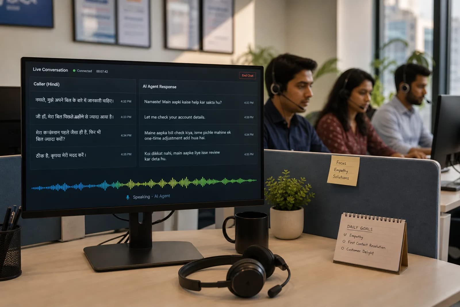 Indian customer support team monitoring AI voice agent dashboard with live conversation transcripts in Hindi and English
