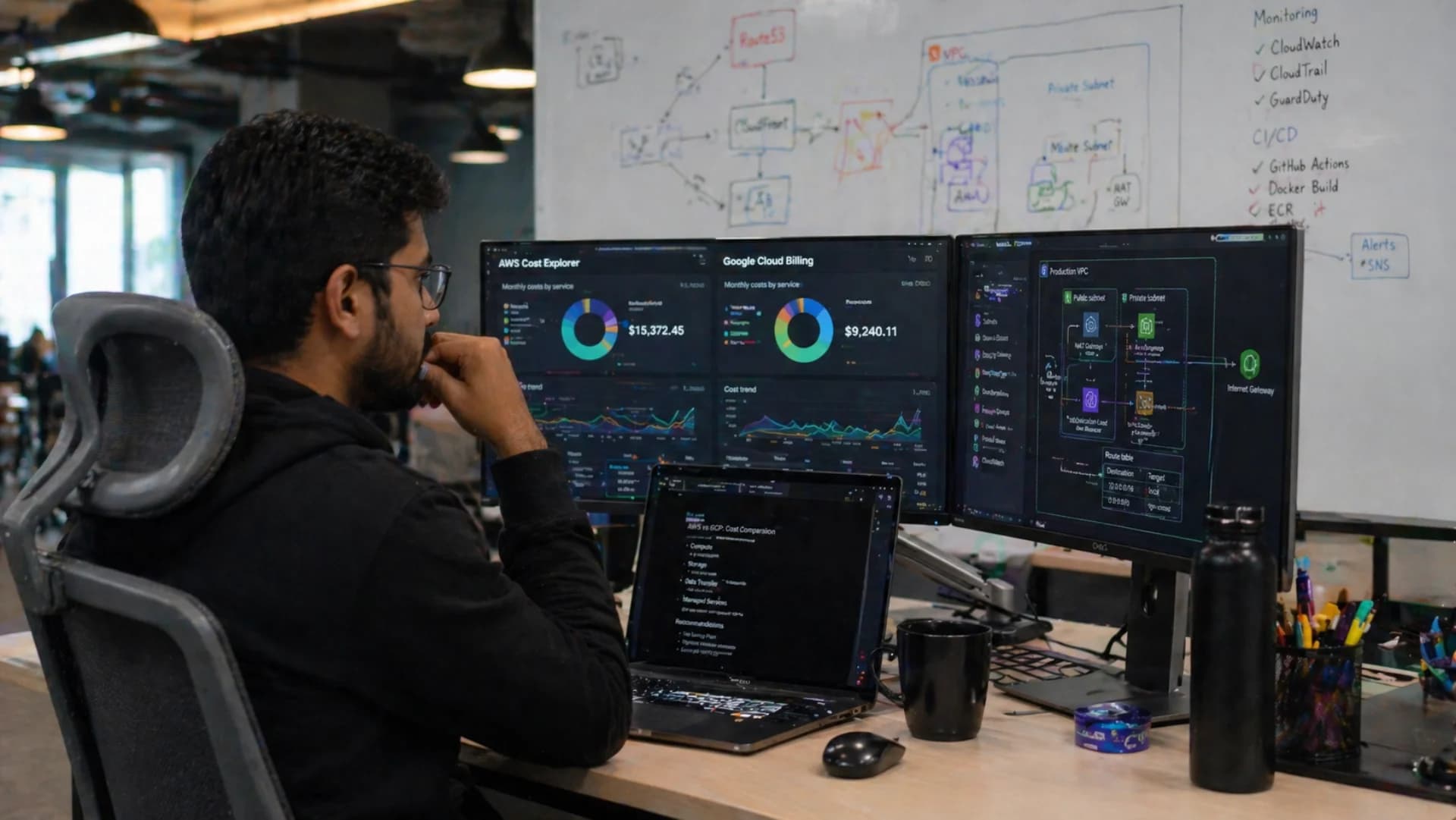 AWS vs GCP India 2026 — DevOps engineer reviewing AWS vs GCP cost comparison on multiple monitors with cloud architecture diagrams