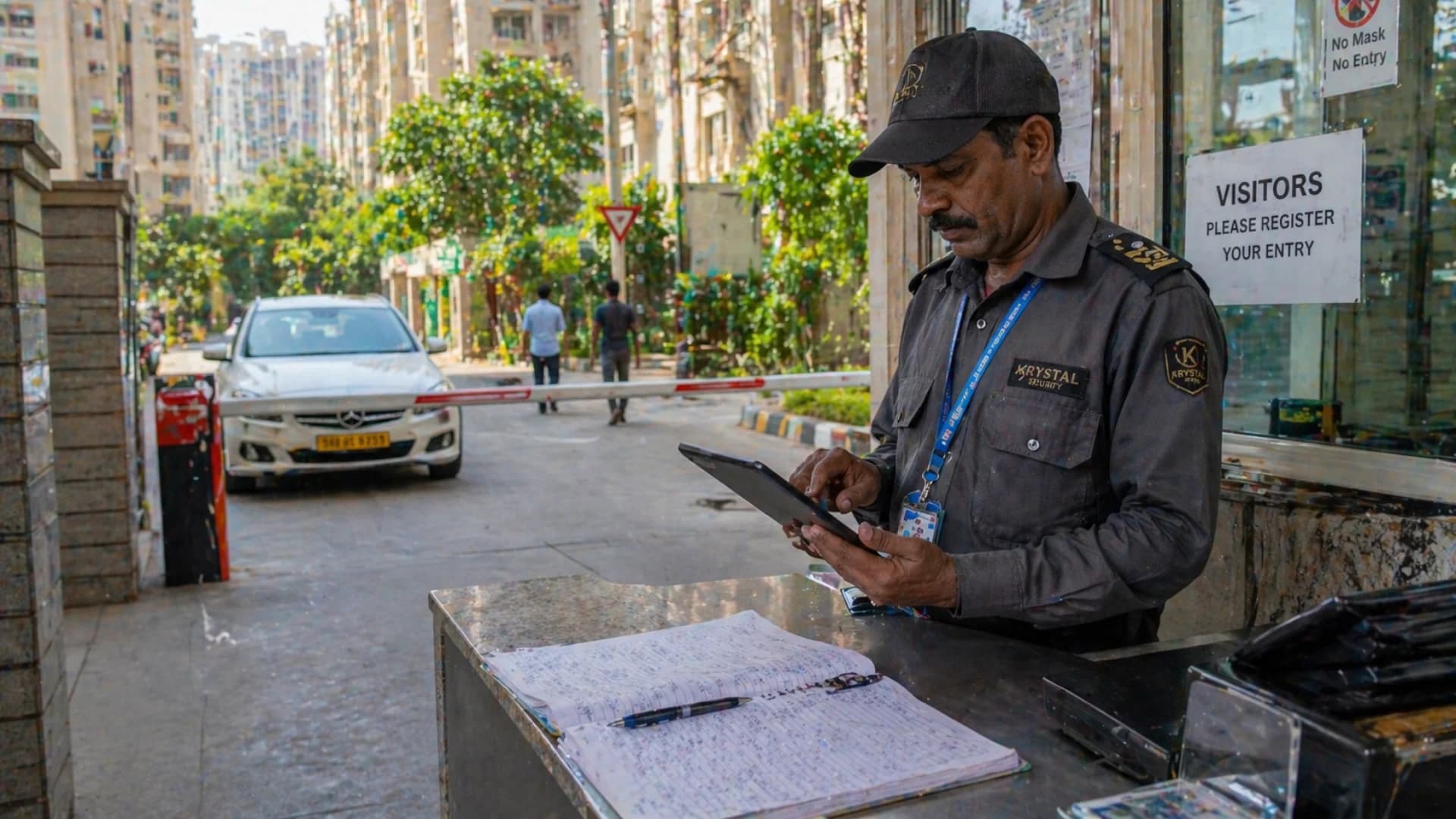 Best society management app India 2026 — security guard checking visitor entry on tablet at Delhi apartment complex gate