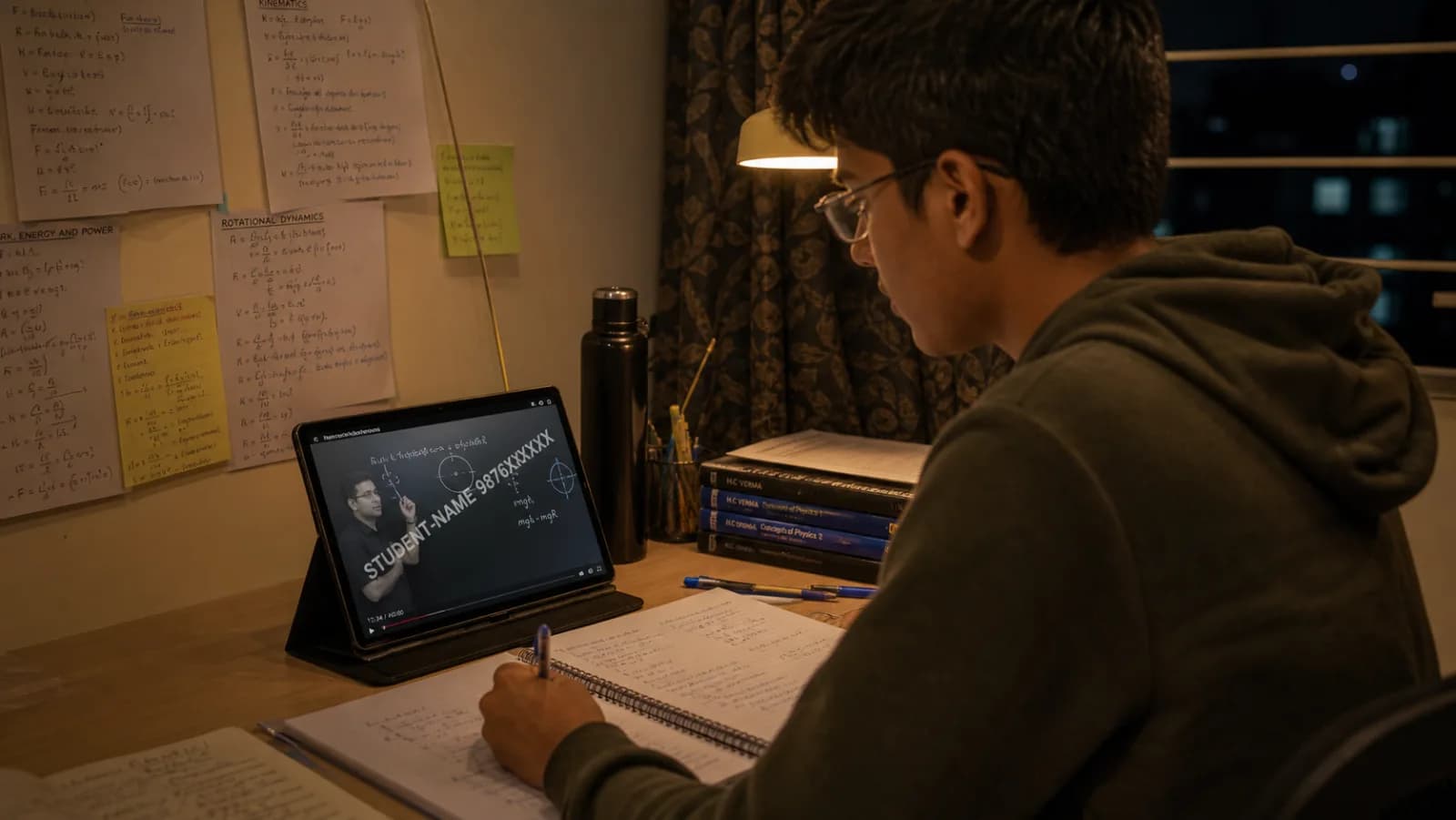 Indian coaching institute student watching DRM-protected video lecture on tablet with watermark overlay visible