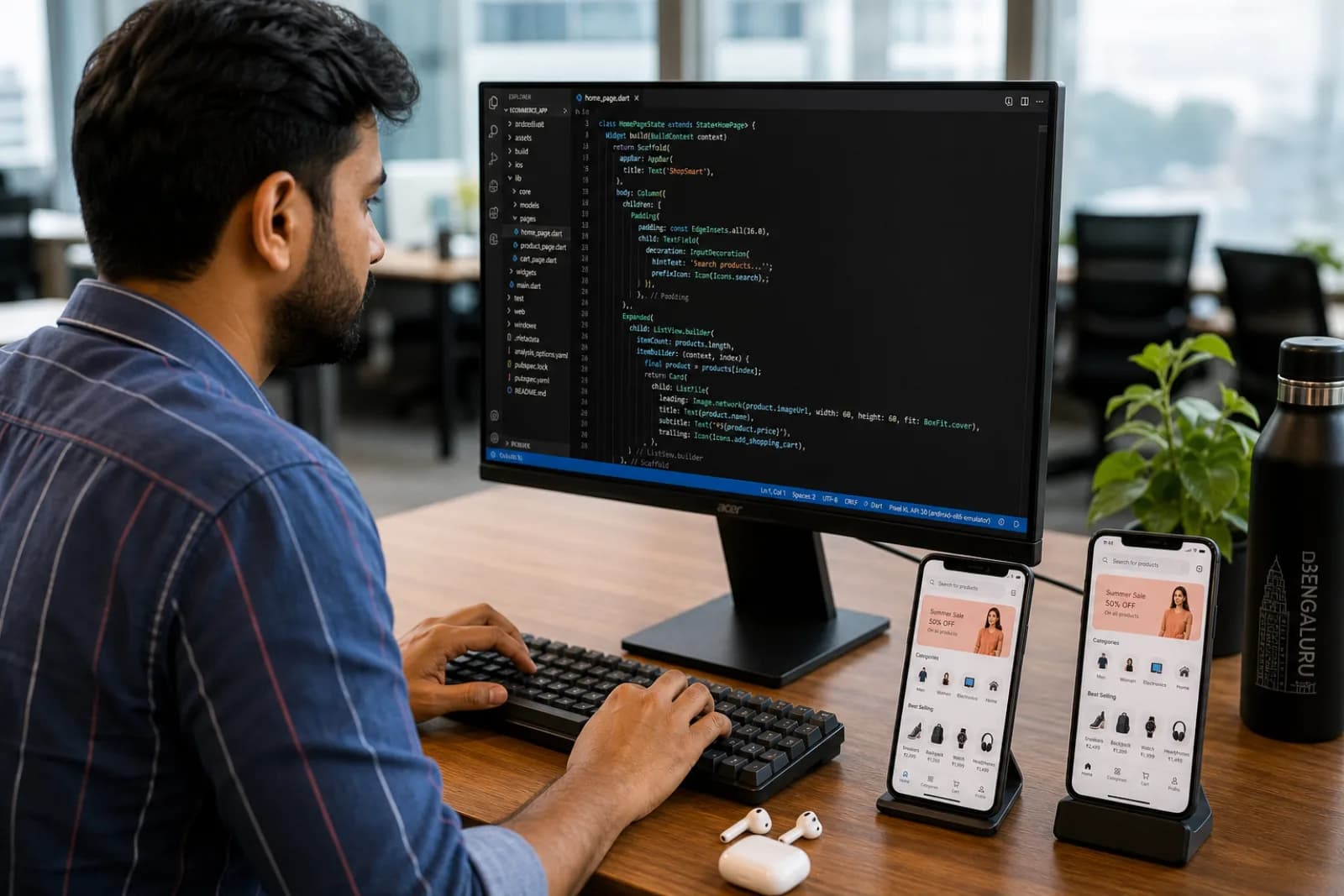 Indian Flutter developer building cross-platform mobile app on workstation with iOS and Android simulators visible