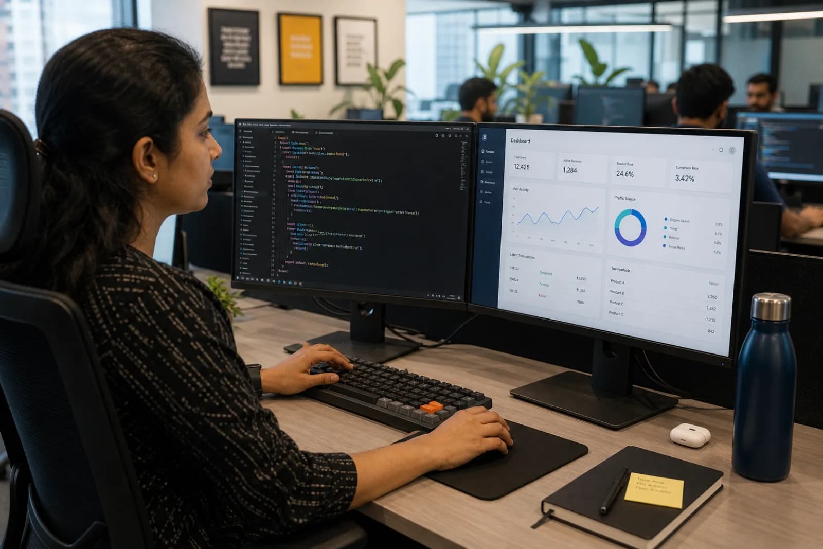 Indian React developer working at dual-monitor workstation in modern Bengaluru office, focused on Next.js code