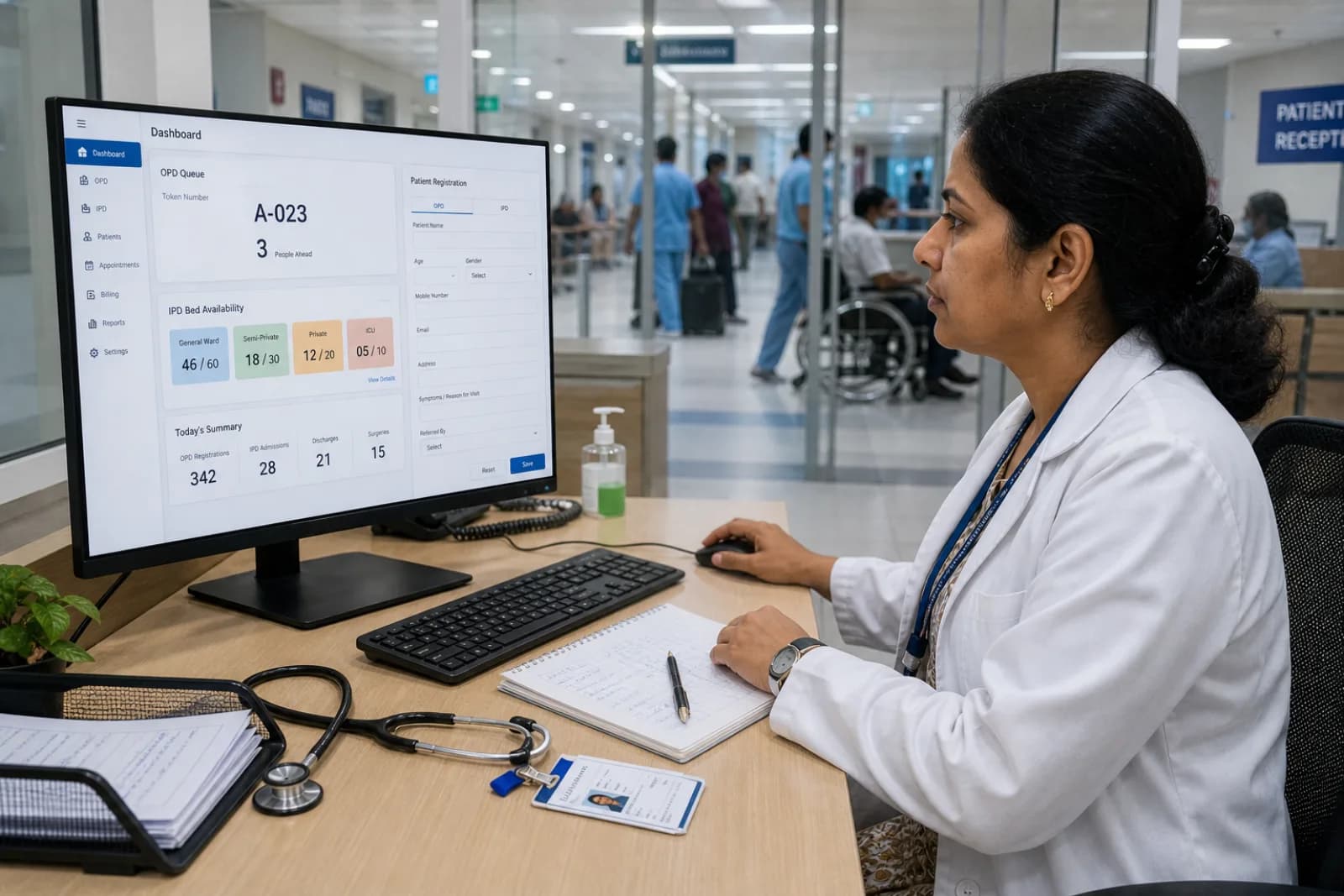 Indian hospital administrator reviewing patient management dashboard with OPD queue, IPD beds, and billing modules visible