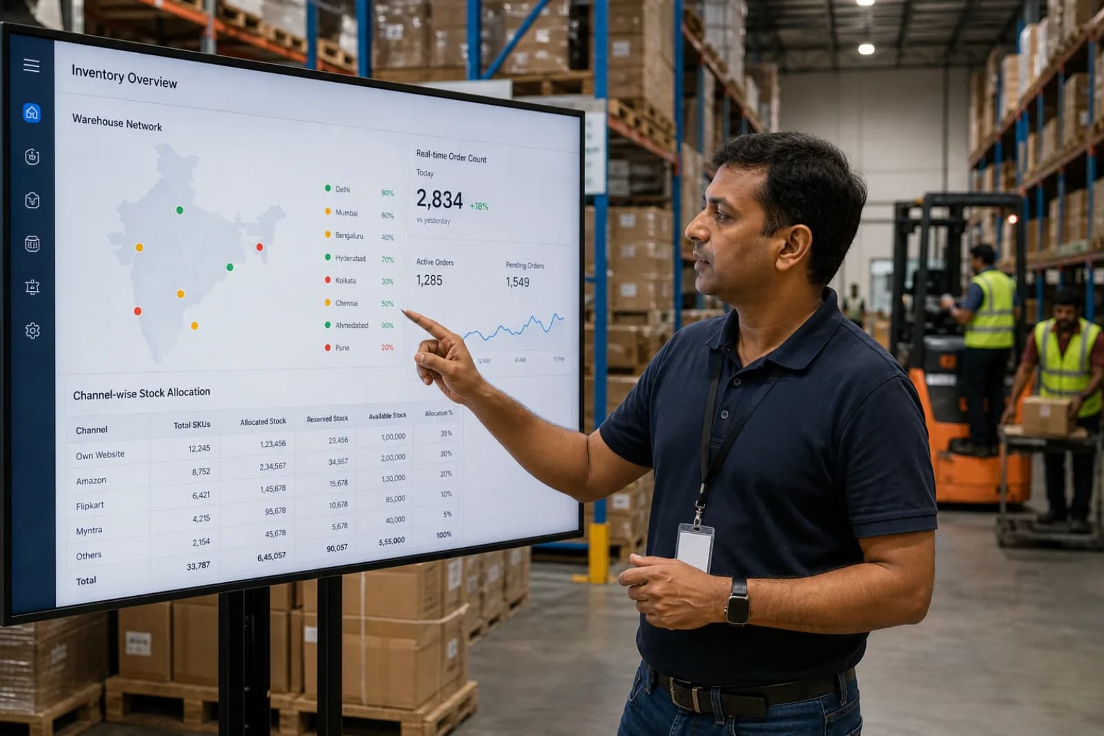 Indian D2C warehouse manager monitoring multi-warehouse inventory dashboard with channel-wise stock allocation visible