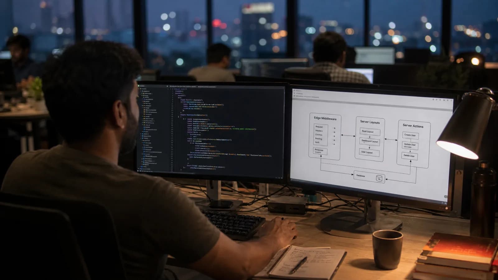 Next.js 16 role-based routing architecture diagram on a developer's monitor in an Indian SaaS engineering team workspace