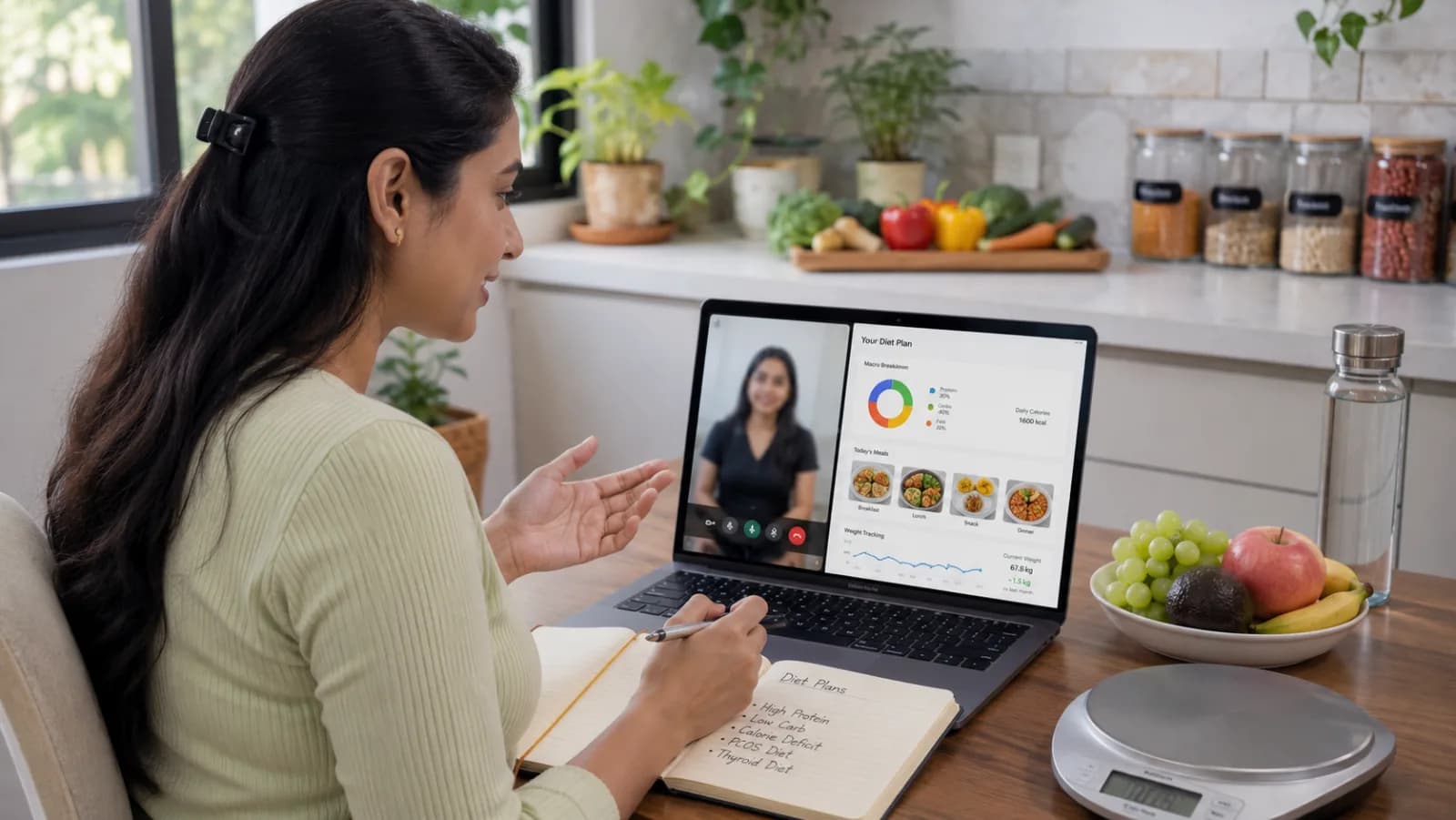 Indian nutritionist consulting client online via video call with diet plan dashboard and meal tracking visible on screen
