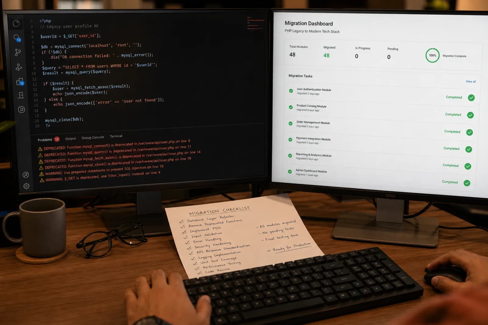 Indian developer reviewing PHP 7.4 to PHP 8.3 migration code on monitor with security alert dashboard