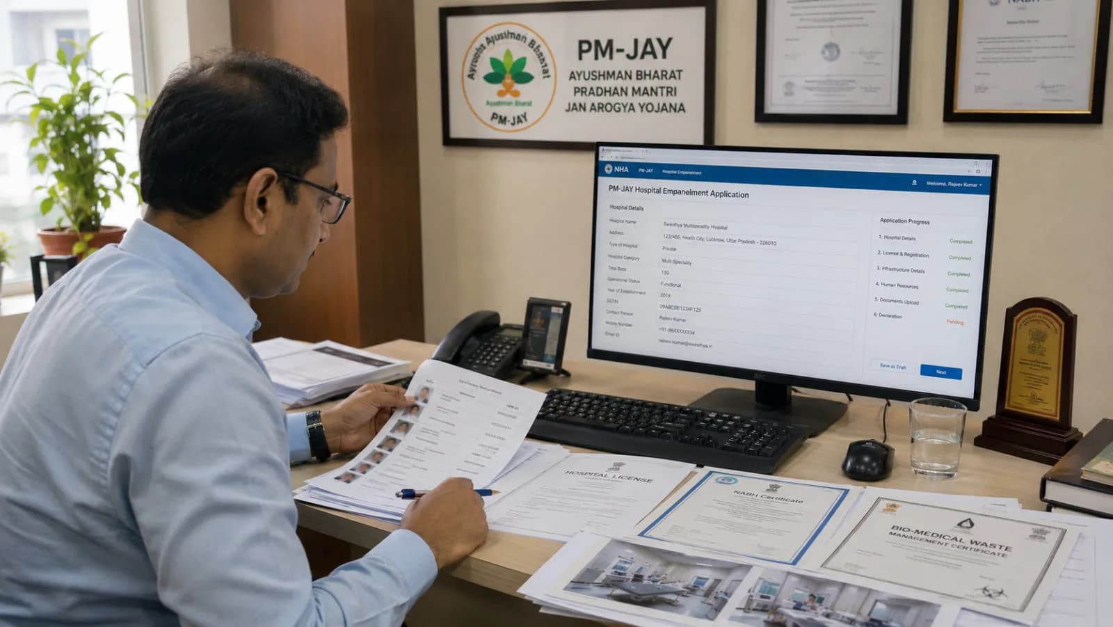 Indian hospital administrator reviewing PM-JAY empanelment dashboard with ABDM compliance status and state scheme portal documentation