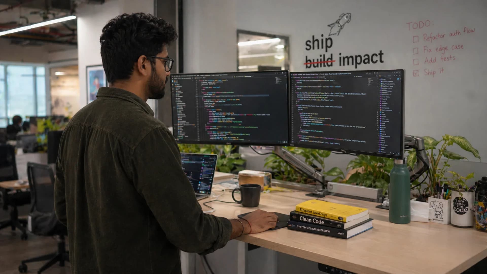 React vs Next.js 2026 comparison — developer reviewing React and Next.js code side-by-side on standing desk monitors