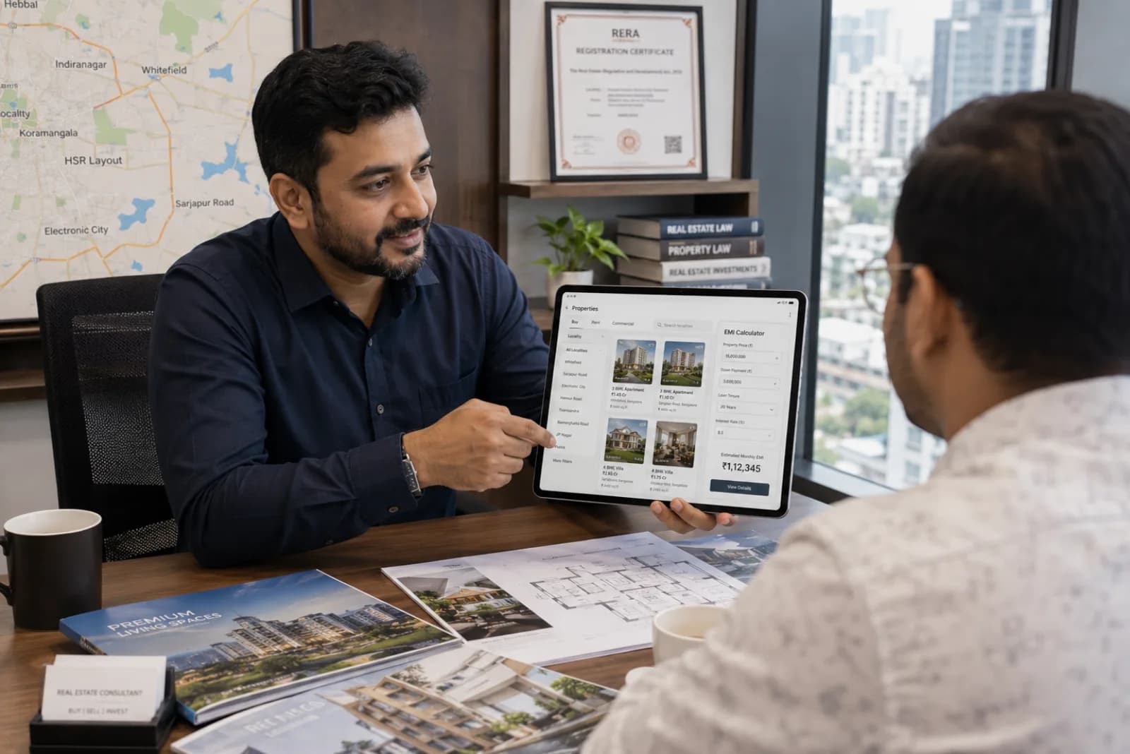 Indian real estate agent showing property listings on tablet with locality insights, EMI calculator, and WhatsApp inquiries visible