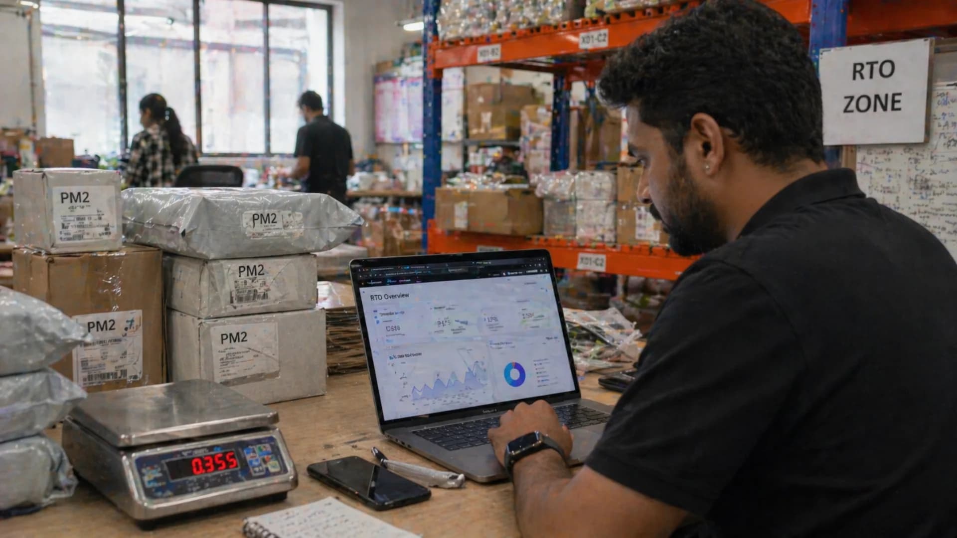 Reduce RTO Indian D2C 2026 — operations manager reviewing RTO dashboard next to stacked return packages in fulfillment warehouse