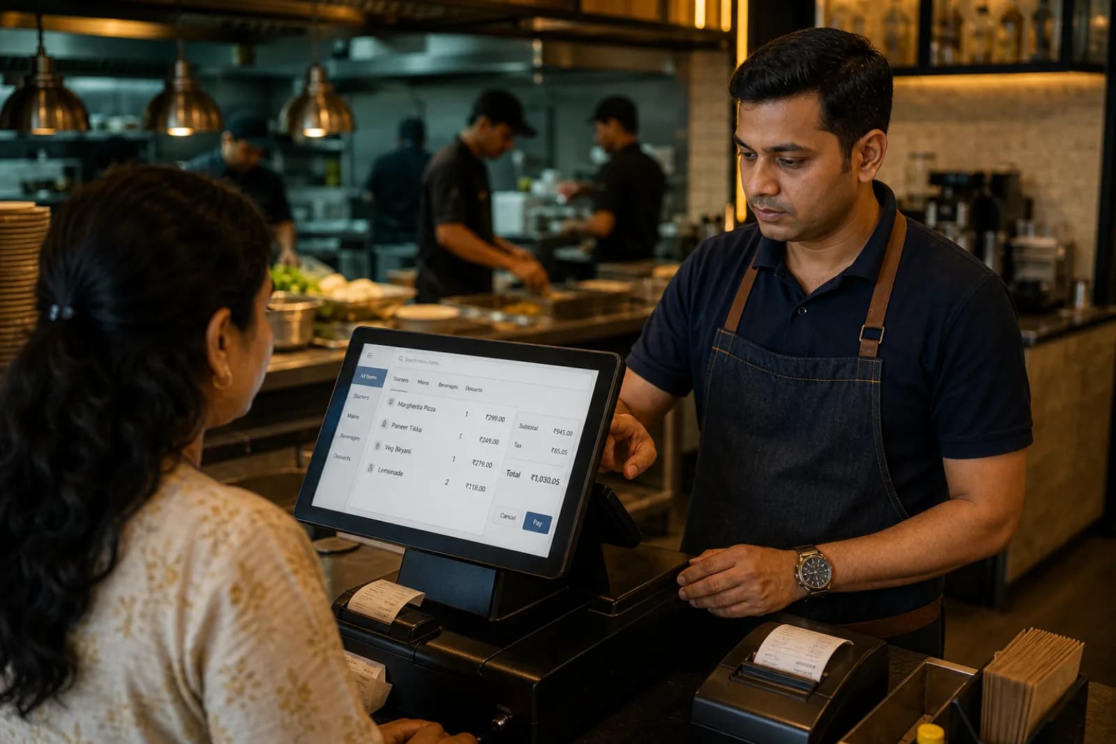 Indian restaurant manager using POS software on tablet to take order with KOT printer and receipt printing visible