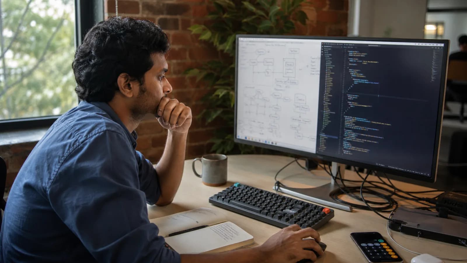 Indian SaaS founder reviewing custom development vs low-code build options on a laptop in a Bengaluru workspace
