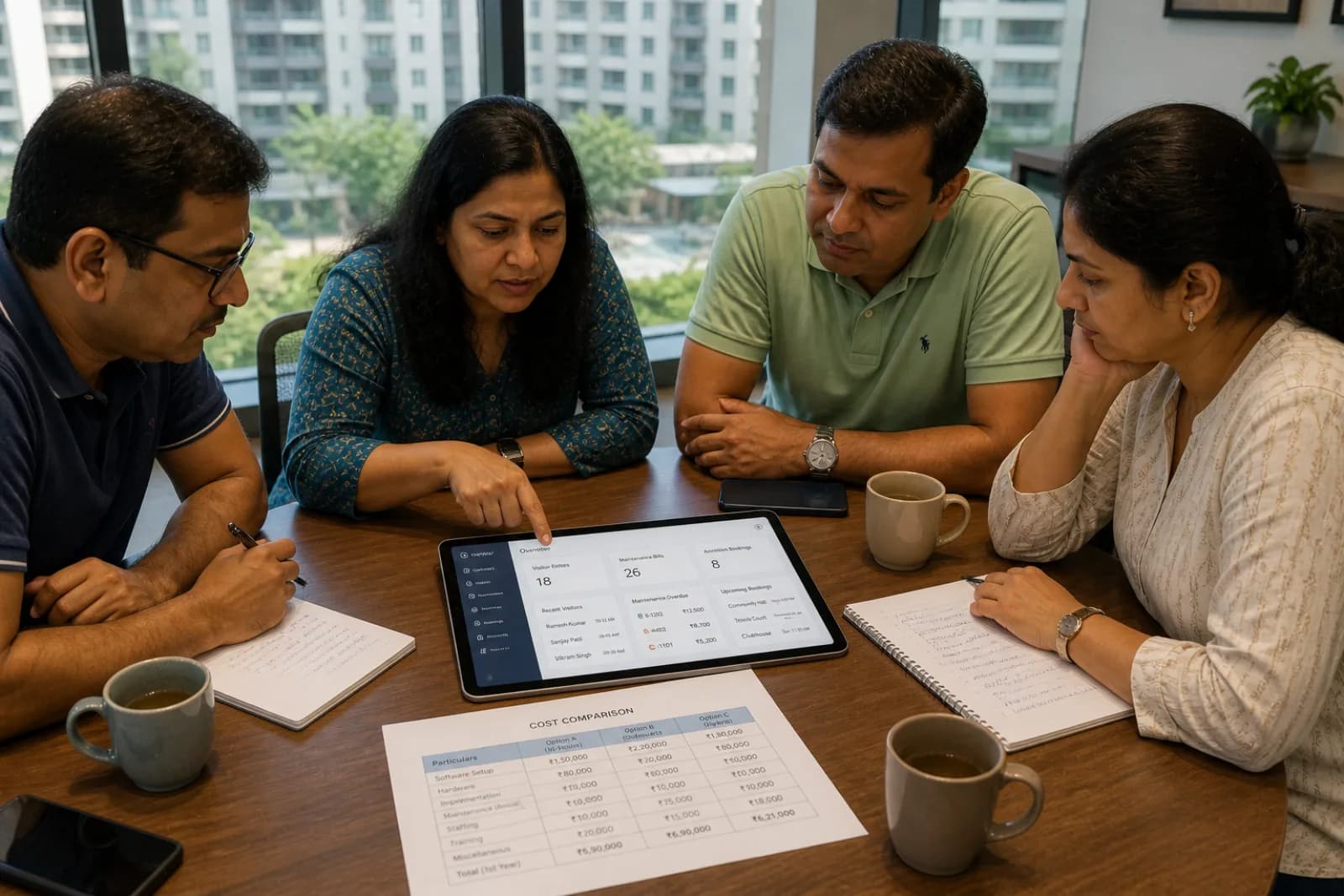 Indian RWA committee reviewing society management app on tablet with visitor entry log, maintenance bills, and amenity bookings visible