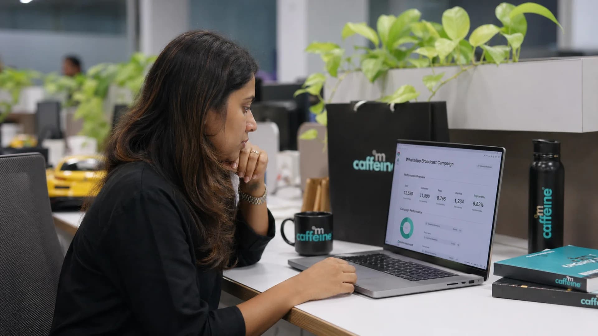 WhatsApp marketing cost India 2026 — D2C marketing manager reviewing WhatsApp broadcast campaign performance on laptop