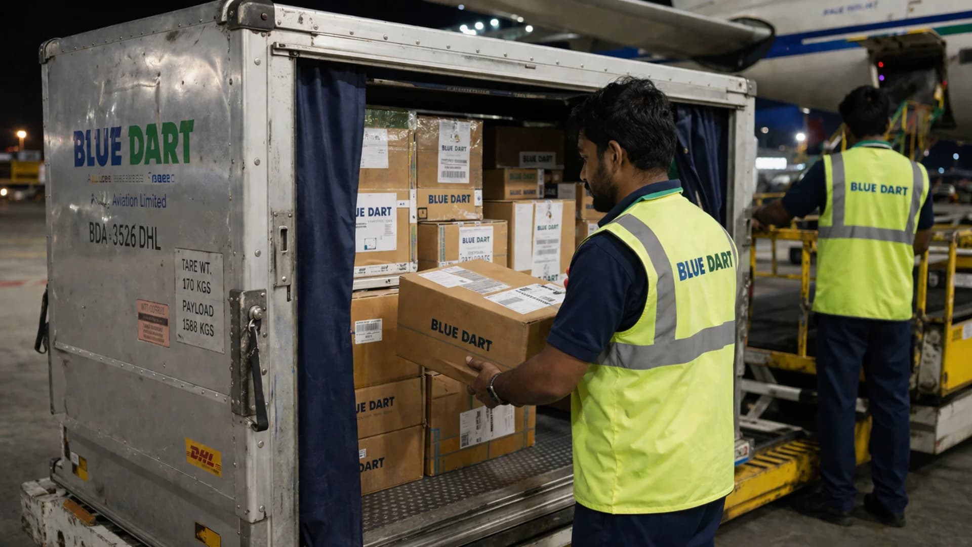 Blue Dart integration for premium Indian D2C shipping — courier loading parcels into aviation cargo at Indian airport