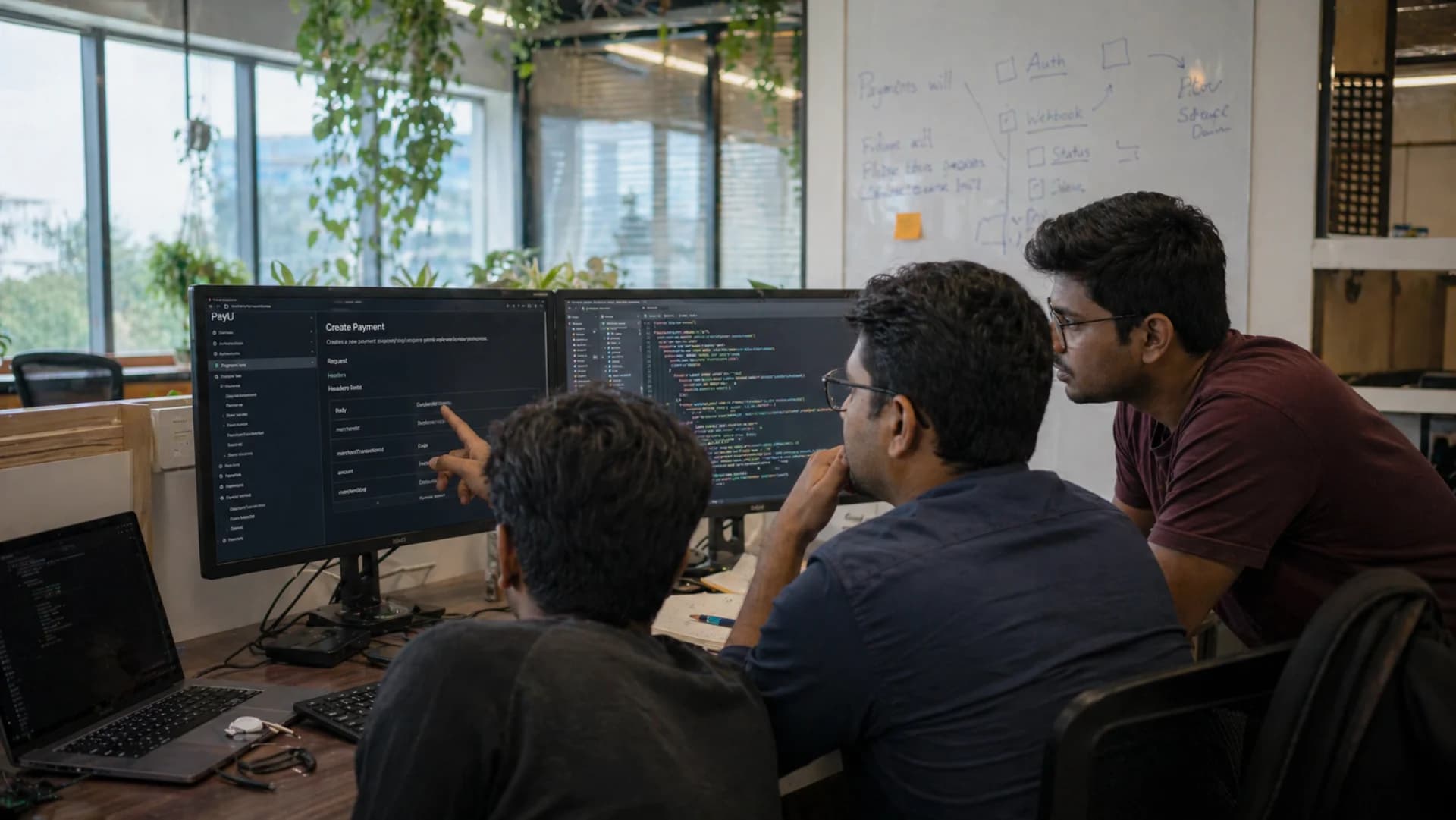 Cashfree integration team reviewing API documentation and payouts dashboard on dual monitors in Bangalore office
