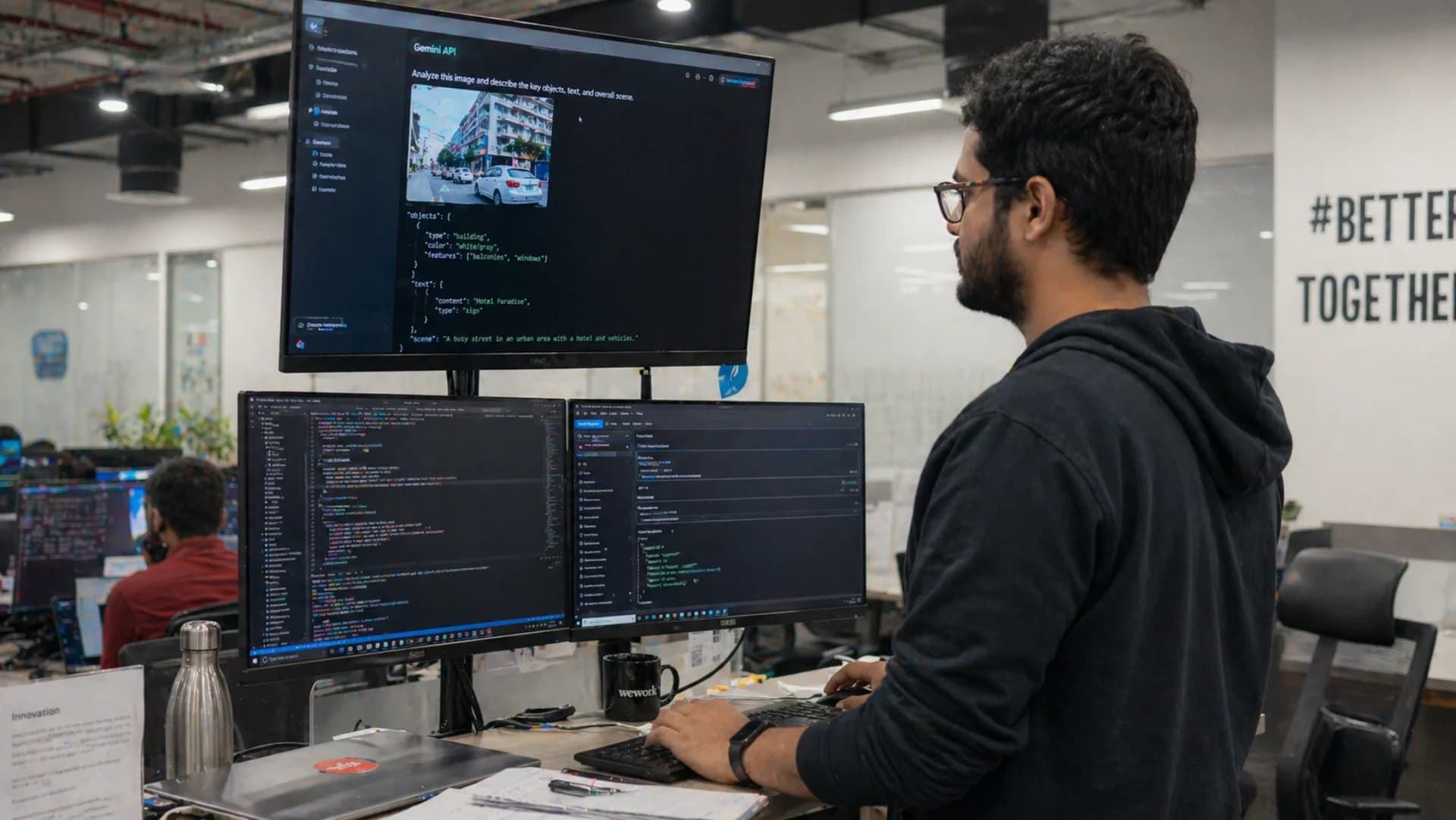 Google Gemini AI integration — Indian developer reviewing Gemini multimodal API output on multiple monitors