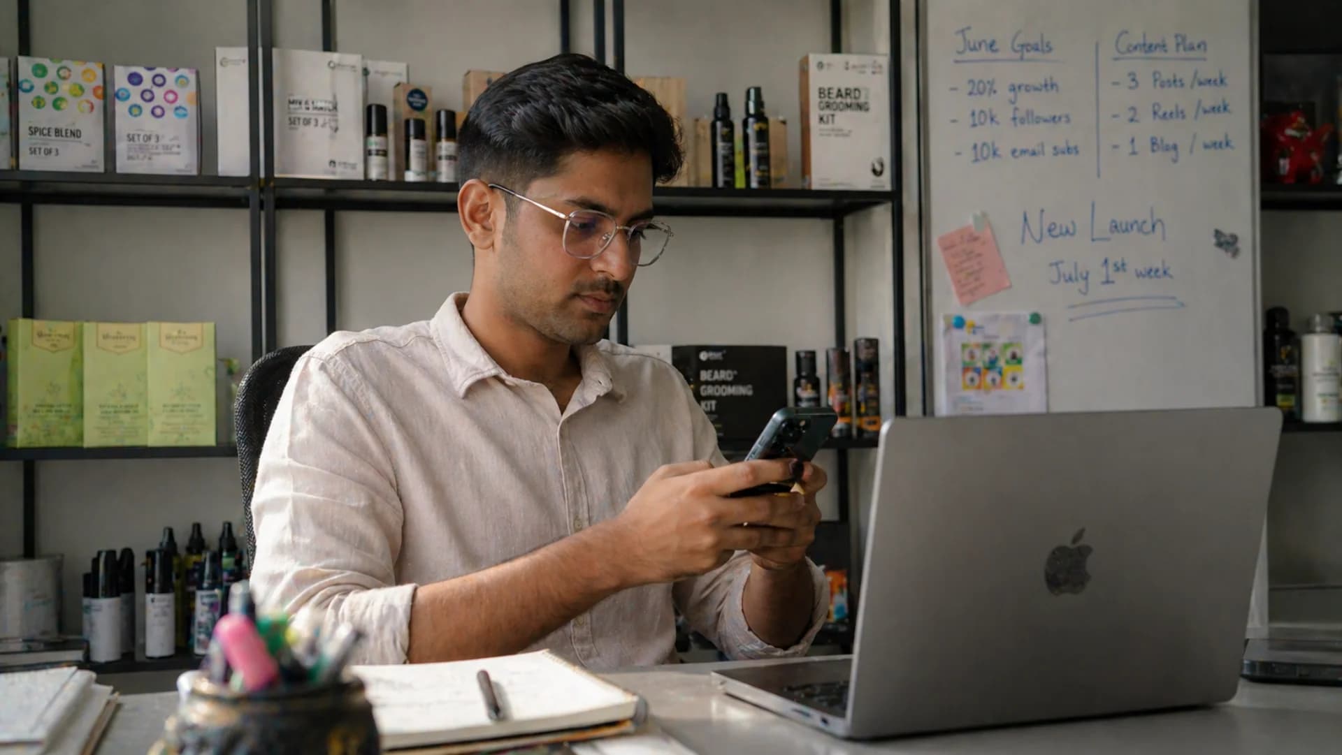 Interakt WhatsApp Business API integration — Indian D2C founder checking WhatsApp orders at Mumbai brand office
