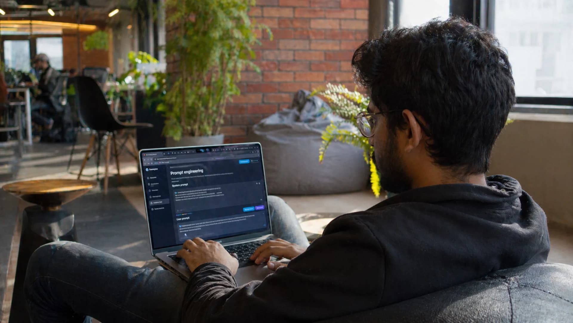 OpenAI GPT-4 integration developer working on prompt engineering for AI chatbot in a Bangalore co-working space