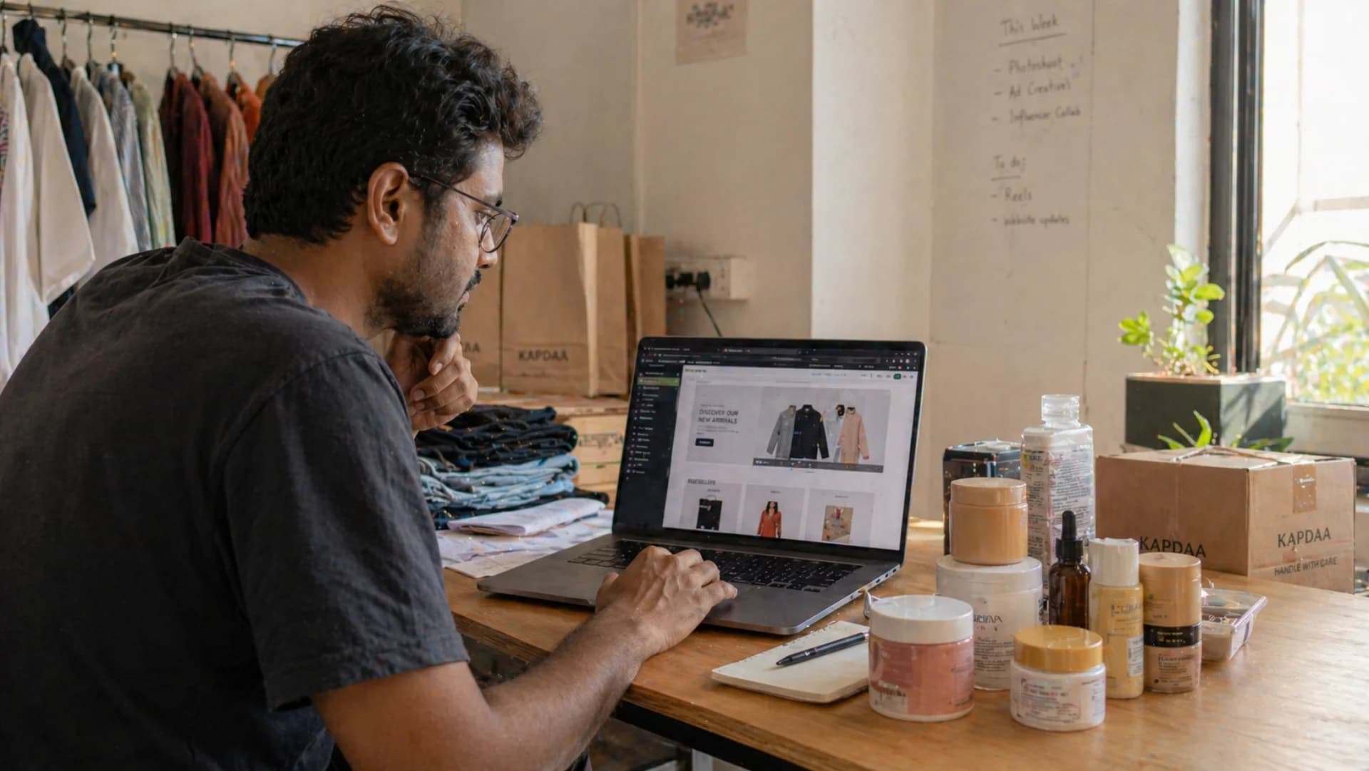 E-commerce development for Indian D2C brands — founder reviewing Shopify storefront with branded packaging samples in studio office — Codingclave e-commerce services