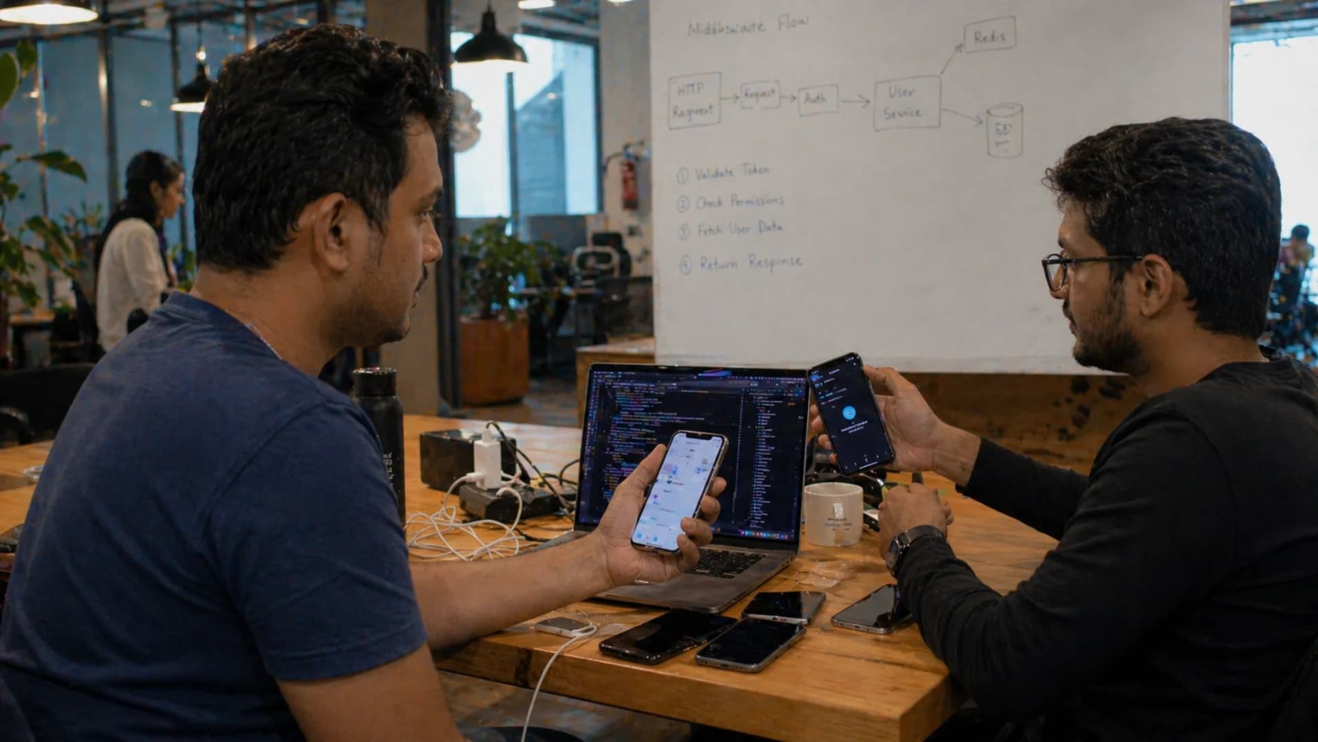 Mobile app development team testing iOS and Android apps on physical phones in Bangalore startup office — Codingclave Flutter & React Native development services