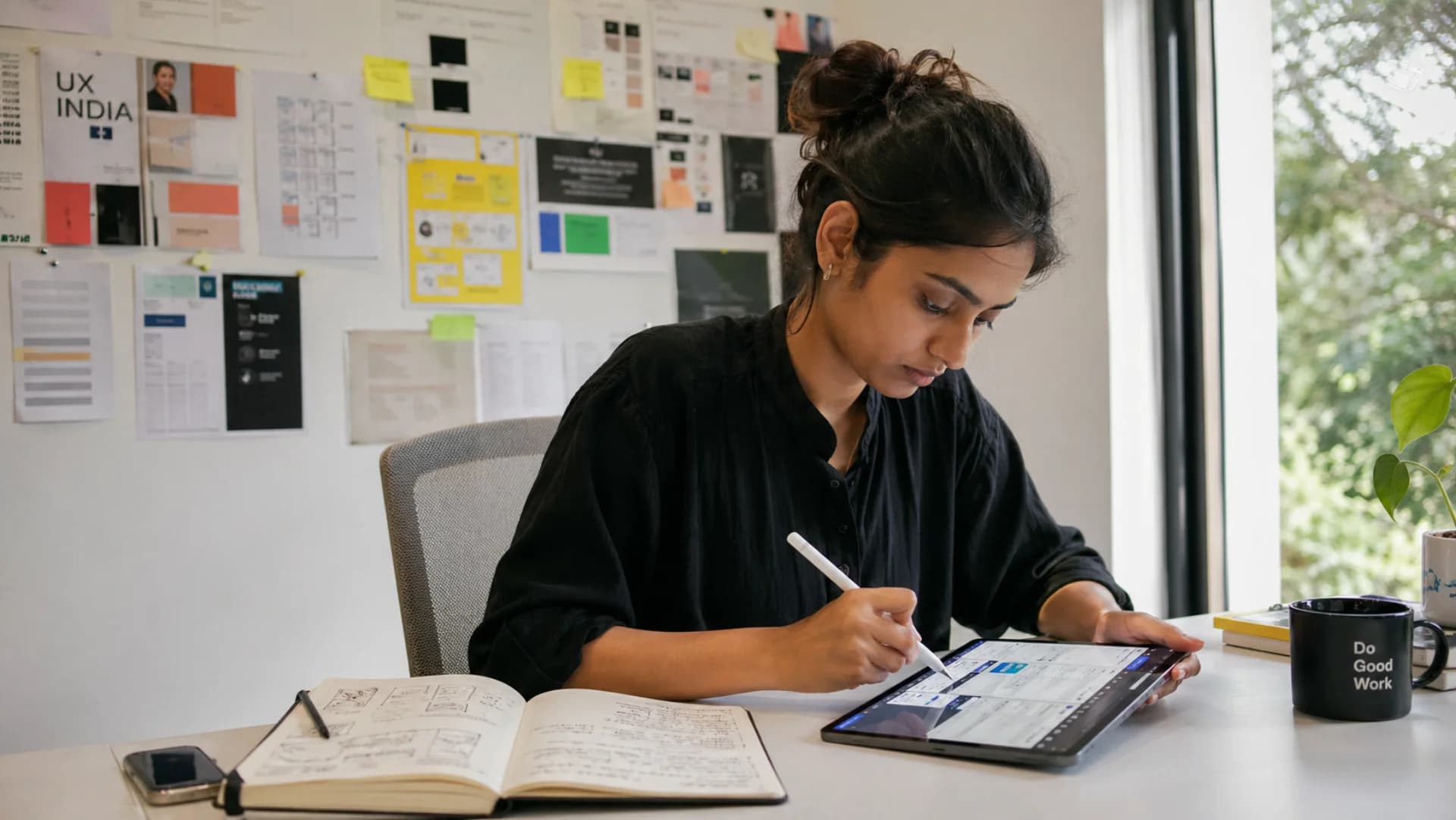 UI/UX design services — designer working on Figma design system on iPad with stylus in Bangalore design studio with mood boards on wall — Codingclave UI UX design services